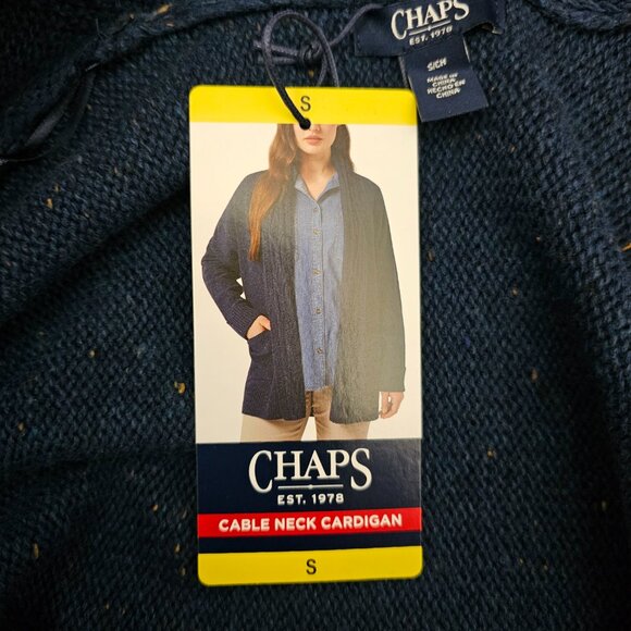 Chaps Cable Neck Knit Open Front Cotton Blend Navy Blue Cardigan Sweater New S - Picture 8 of 10